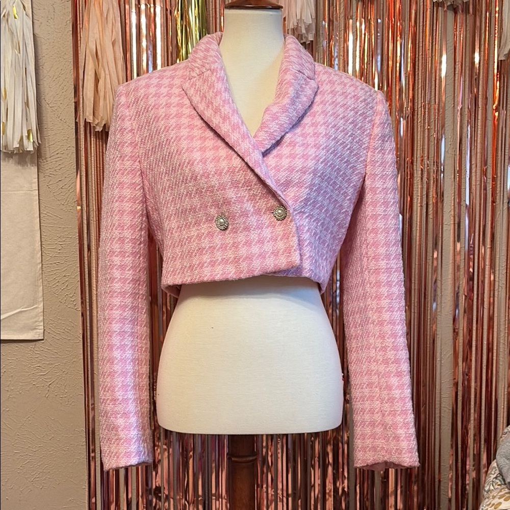 SOLD Zara Barbie Pink Houndstooth Cropped Blazer and Skort Set - Picture 8 of 16